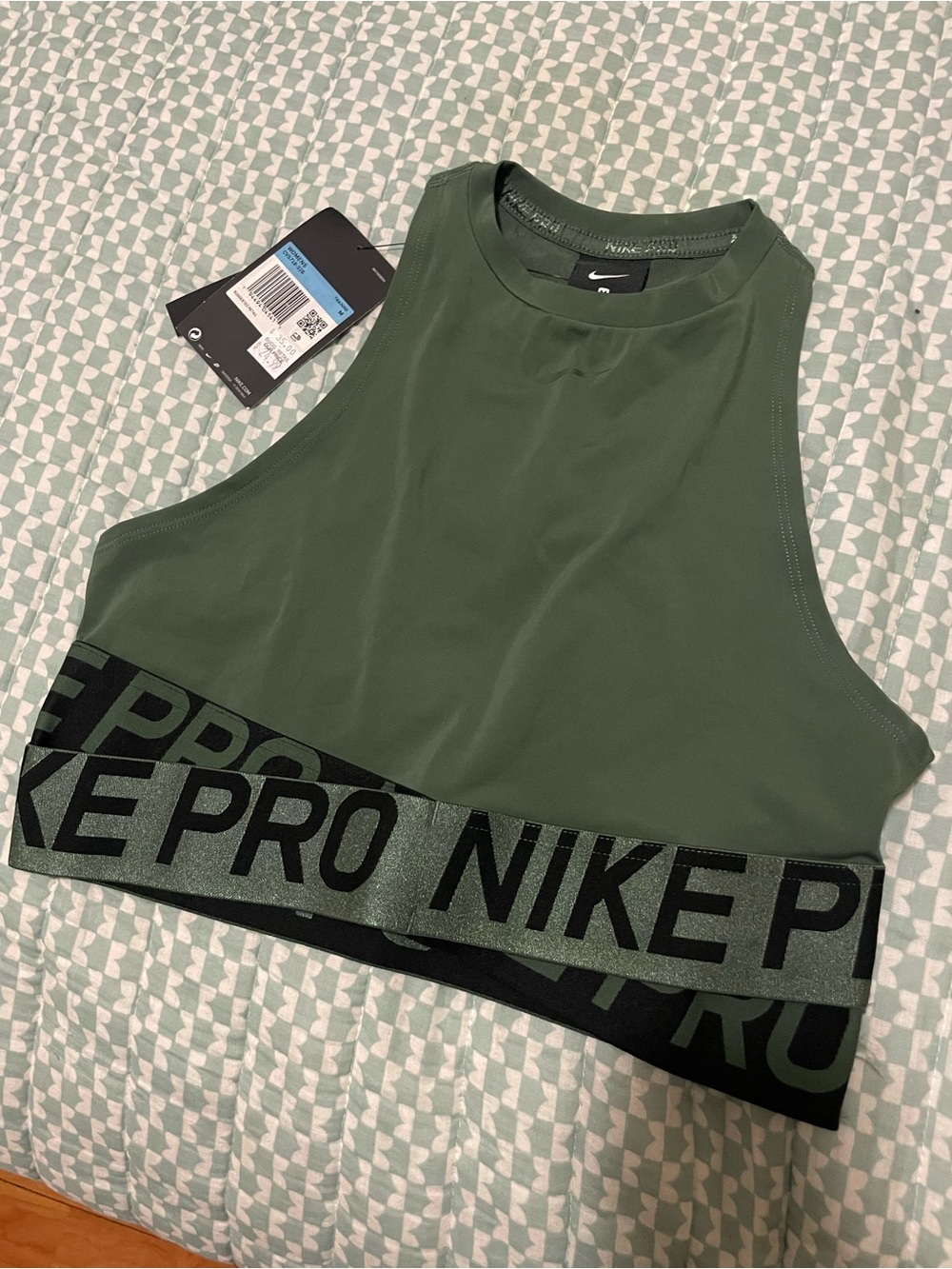 Nike Olive Green Pro Crop Tank with Logo Band